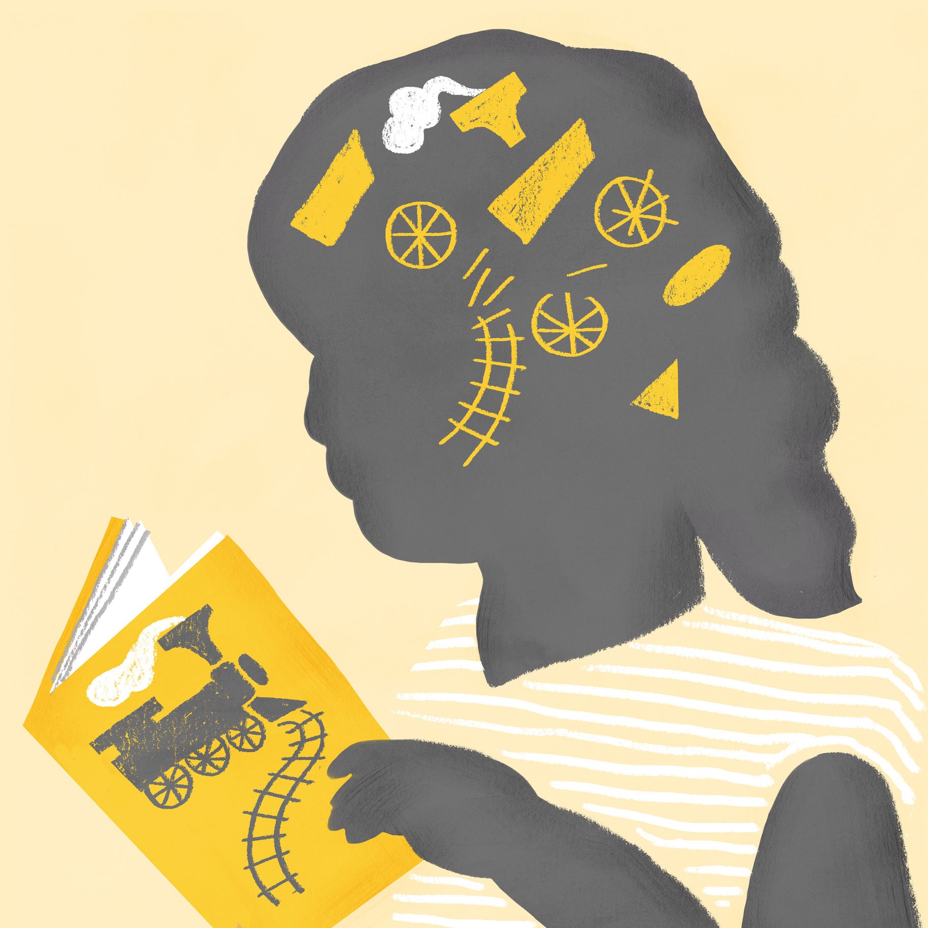 Illustration of girl reading a book with a train on the ocver and ideas in illustrated in her mind